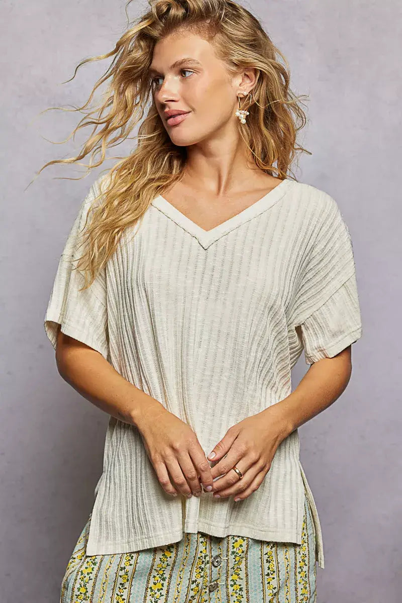 POL Ribbed Knit V-Neck Short Sleeve T-Shirt with Side Slit - Trendsi - Flyclothing LLC
