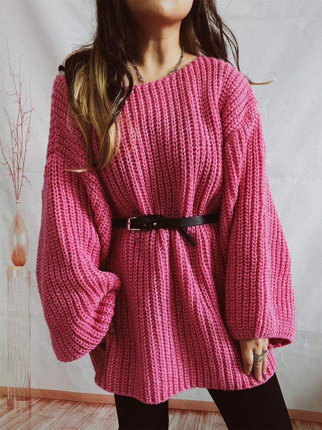 Boat Neck Long Sleeve Sweater with Belt - Trendsi - Flyclothing LLC
