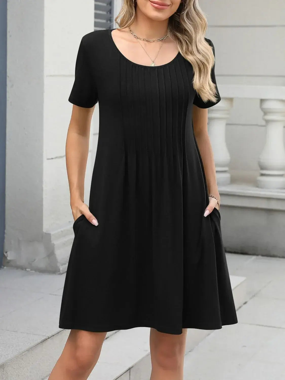 Pleated Front Round Neck Swing Dress - Trendsi - Flyclothing LLC