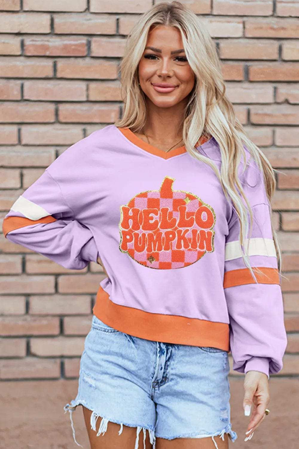 Contrast V-Neck Long Sleeve Sweatshirt - Trendsi - Flyclothing LLC