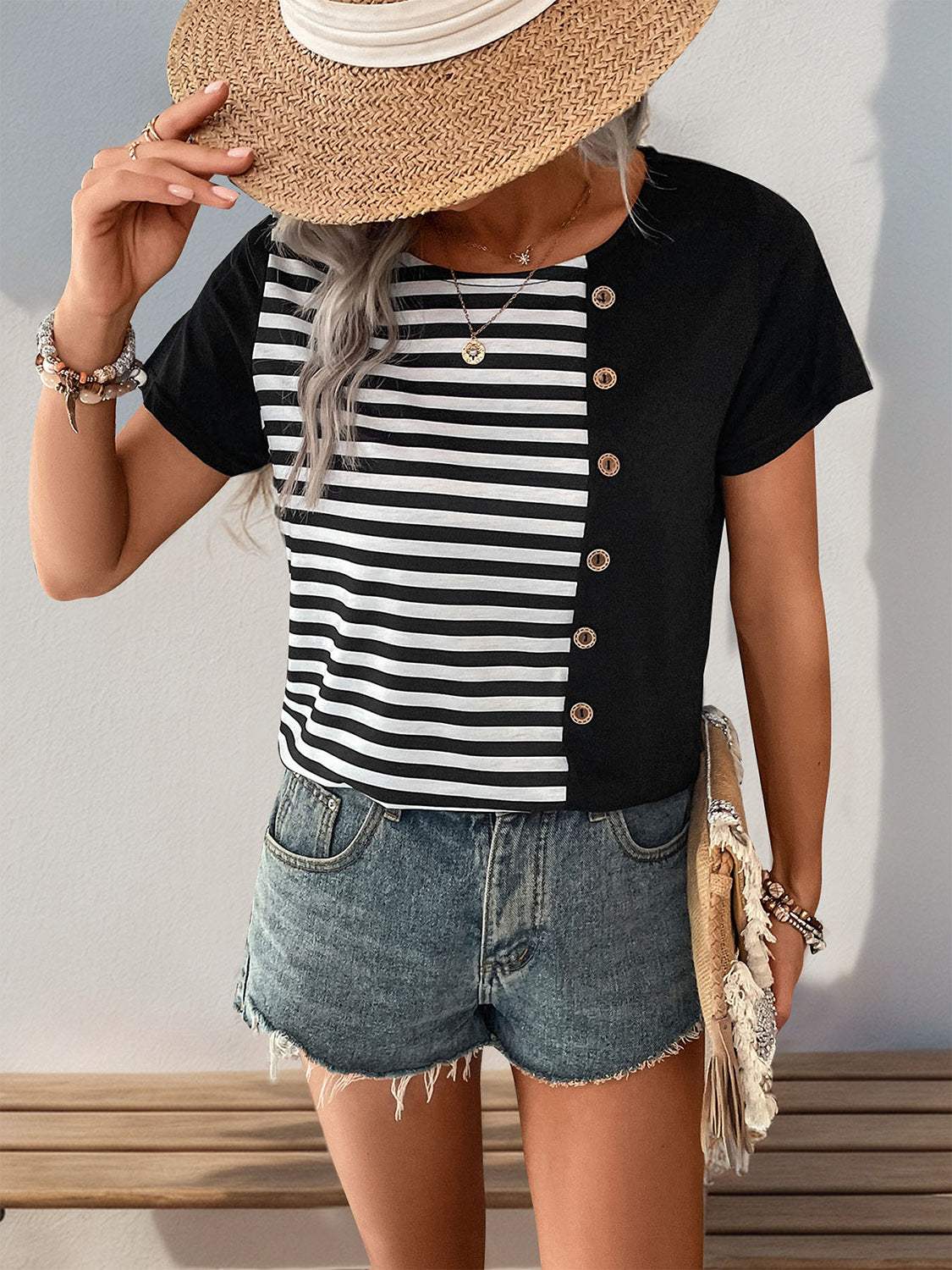 Striped Round Neck Short Sleeve T-Shirt - Trendsi - Flyclothing LLC