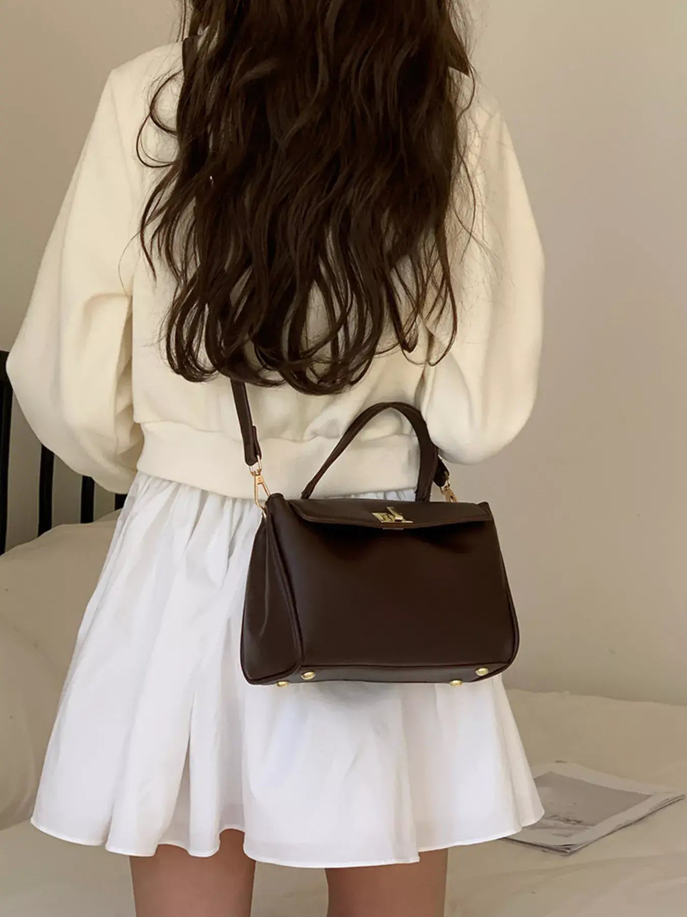 Golden Clasp Leather Crossbody Bag - Trendsi - Flyclothing LLC