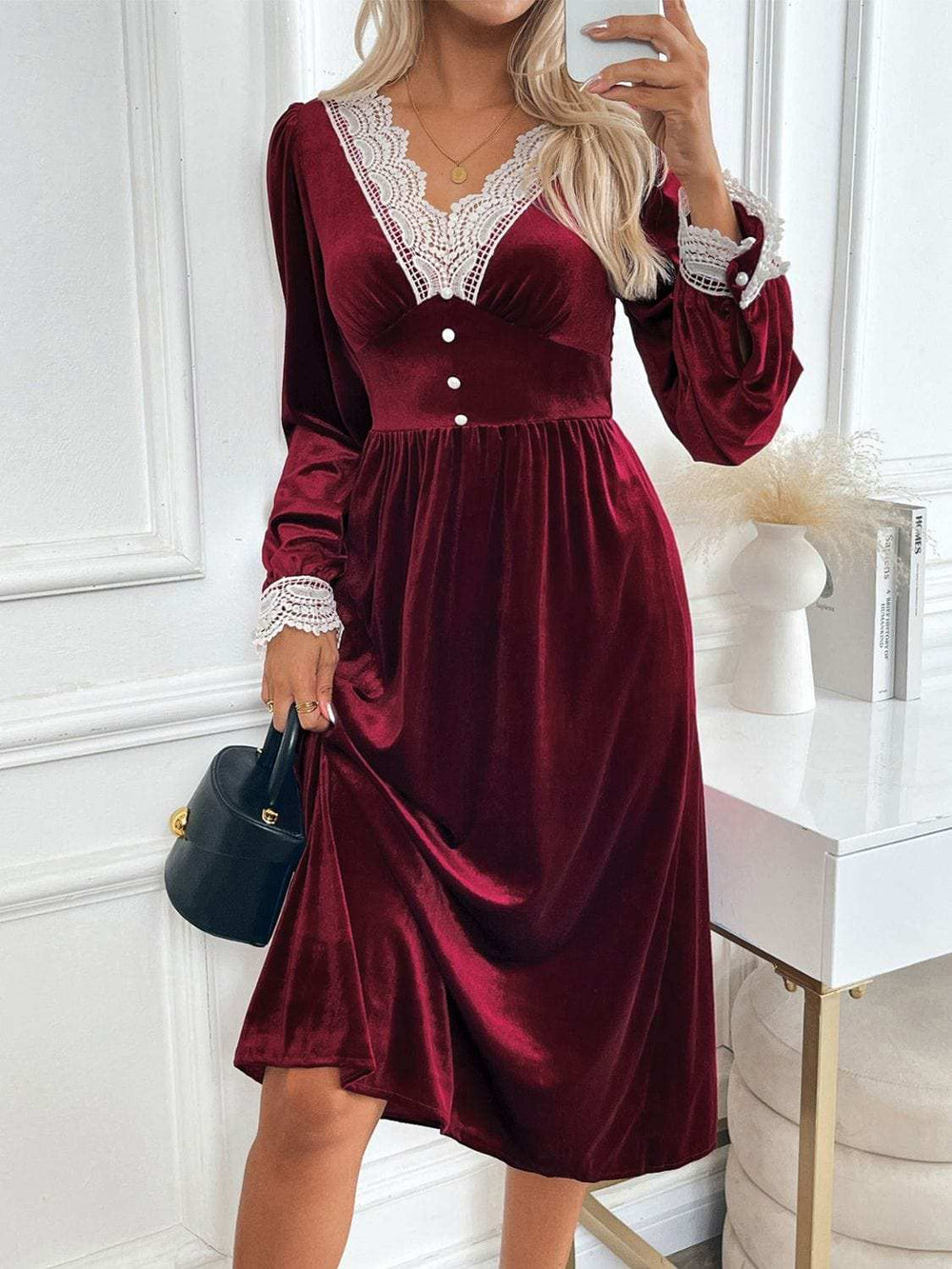 Perfee Lace Detail V-Neck Long Sleeve Midi Dress - Trendsi - Flyclothing LLC