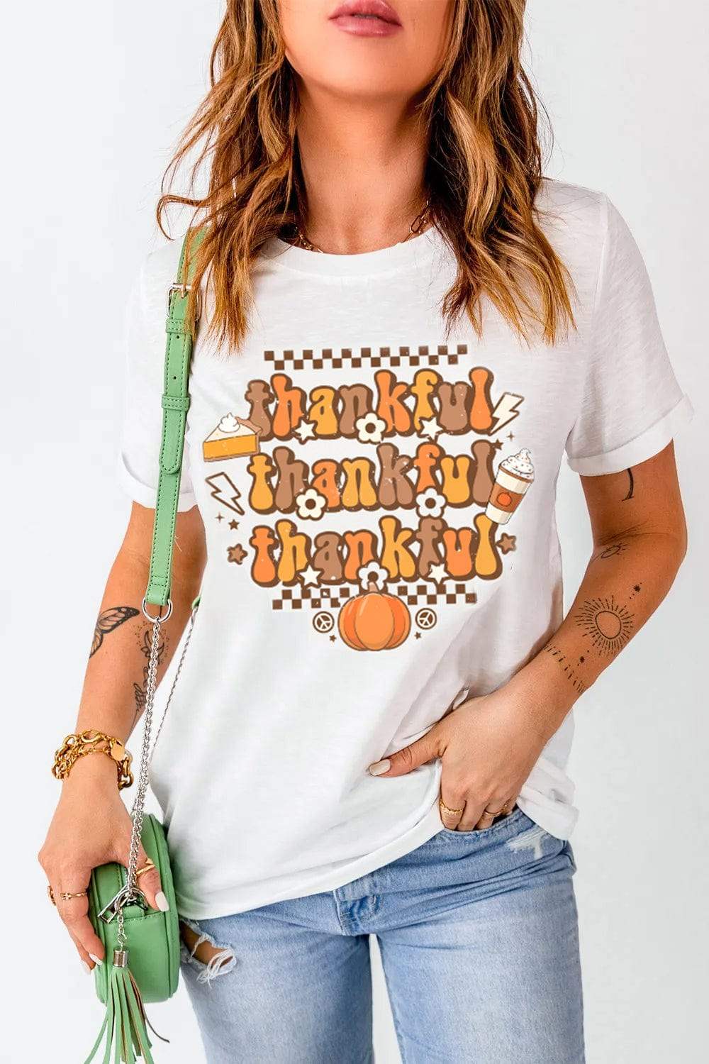 THANKFUL Round Neck Short Sleeve T-Shirt - Trendsi - Flyclothing LLC