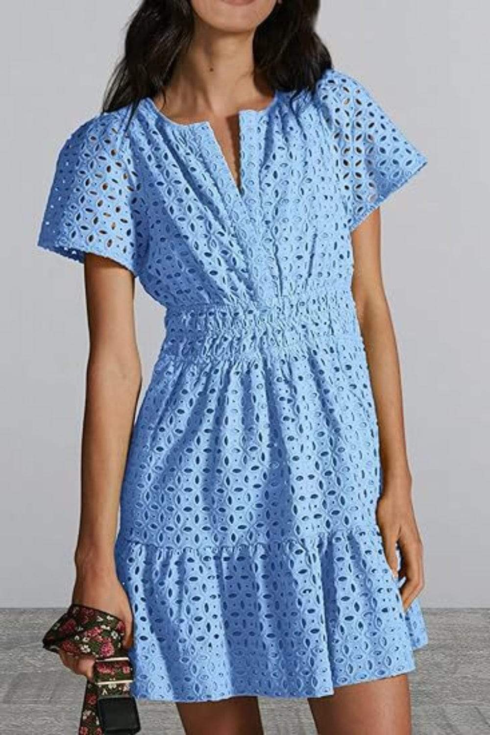Eyelet Notched Short Sleeve Mini Dress - Trendsi - Flyclothing LLC