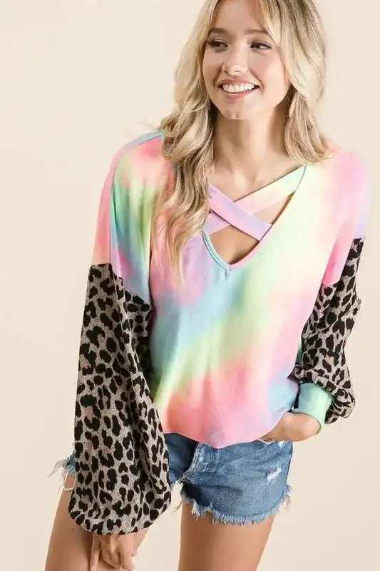 BiBi Tie Dye Terry Top with Leopard Puff Sleeves - Trendsi - Flyclothing LLC