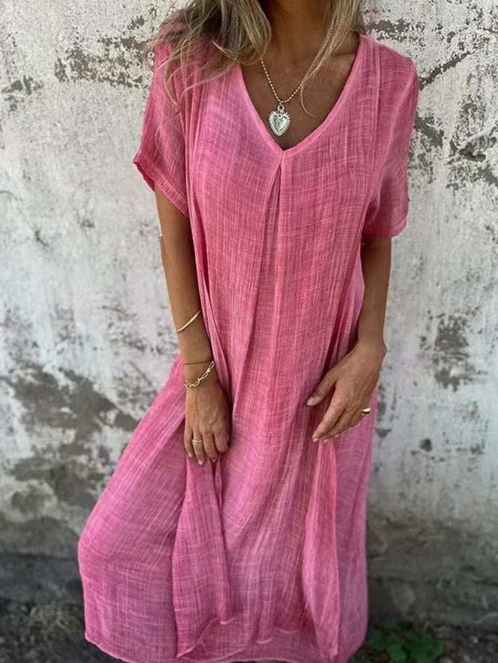 Full Size V-Neck Short Sleeve Midi Dress Plus Size - Trendsi - Flyclothing LLC