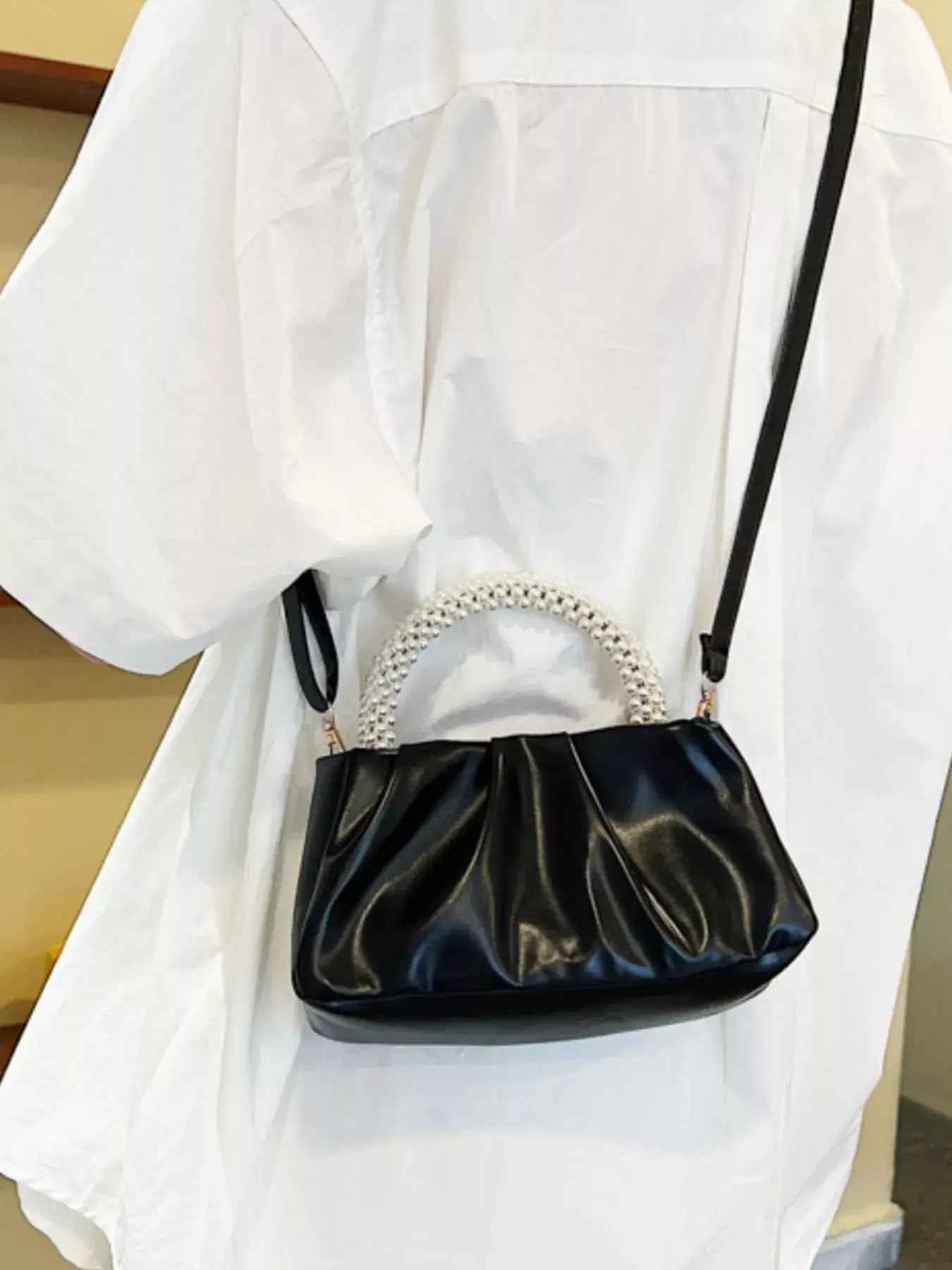 Pearl Handle Ruched Crossbody Bag - Trendsi - Flyclothing LLC