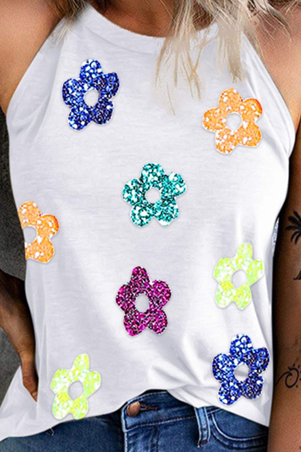 Sequin Flower Grecian Neck Tank - Trendsi - Flyclothing LLC