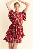 Davi & Dani Ruffle Flutter Sleeve Tie Belt Tiered Mini Dress - Trendsi