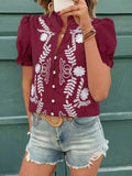 Embroidered Frill Notched Short Sleeve Blouse - Trendsi - Flyclothing LLC