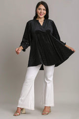 Umgee Full Size Beaded Frill Flounce Sleeve Velvet Babydoll Blouse - Trendsi - Flyclothing LLC