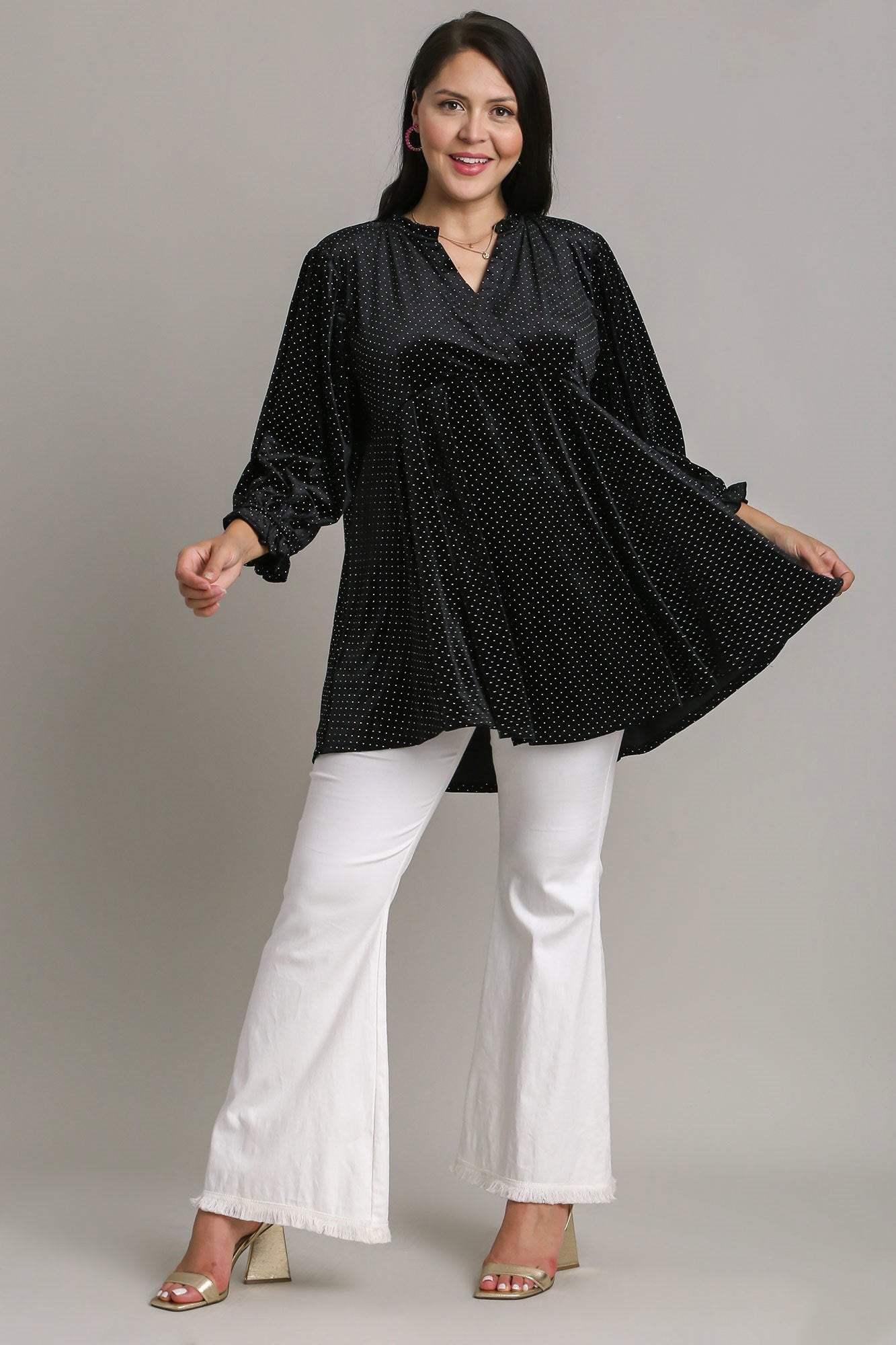 Umgee Full Size Beaded Frill Flounce Sleeve Velvet Babydoll Blouse - Trendsi - Flyclothing LLC