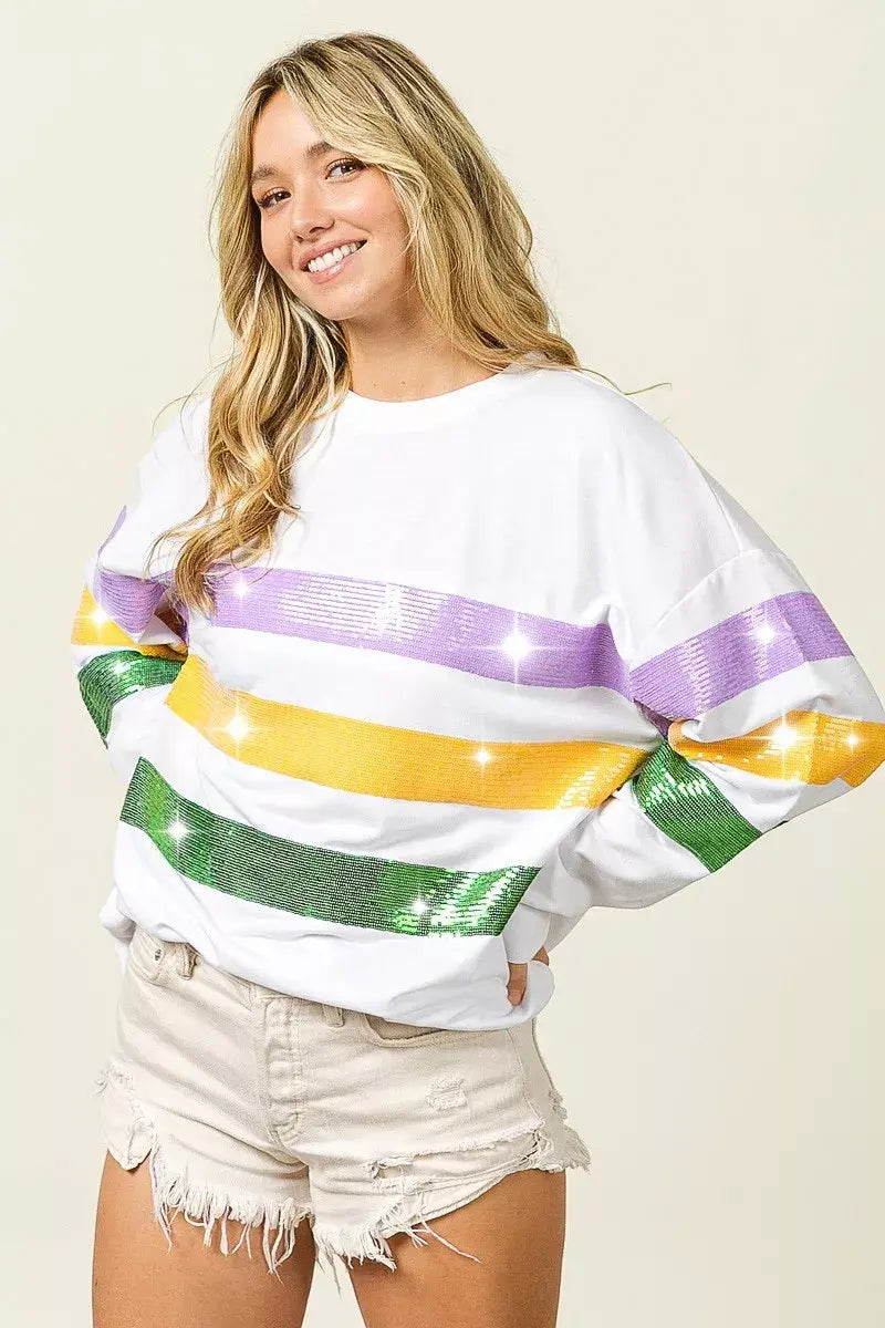 BiBi Sequin Mardi Gras Striped Round Neck Sweatshirt - Trendsi - Flyclothing LLC