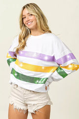 BiBi Sequin Mardi Gras Striped Round Neck Sweatshirt - Trendsi - Flyclothing LLC