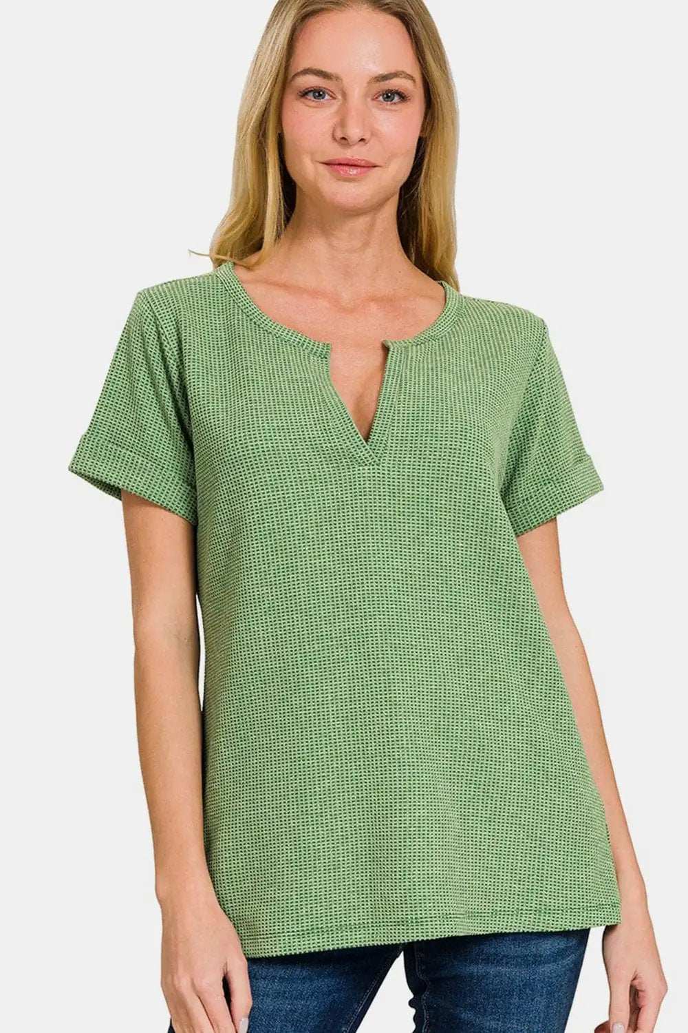 Zenana Waffle Notched Short Sleeve T-Shirt - Trendsi - Flyclothing LLC