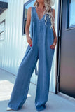 V-Neck Sleeveless Denim Jumpsuit - Trendsi