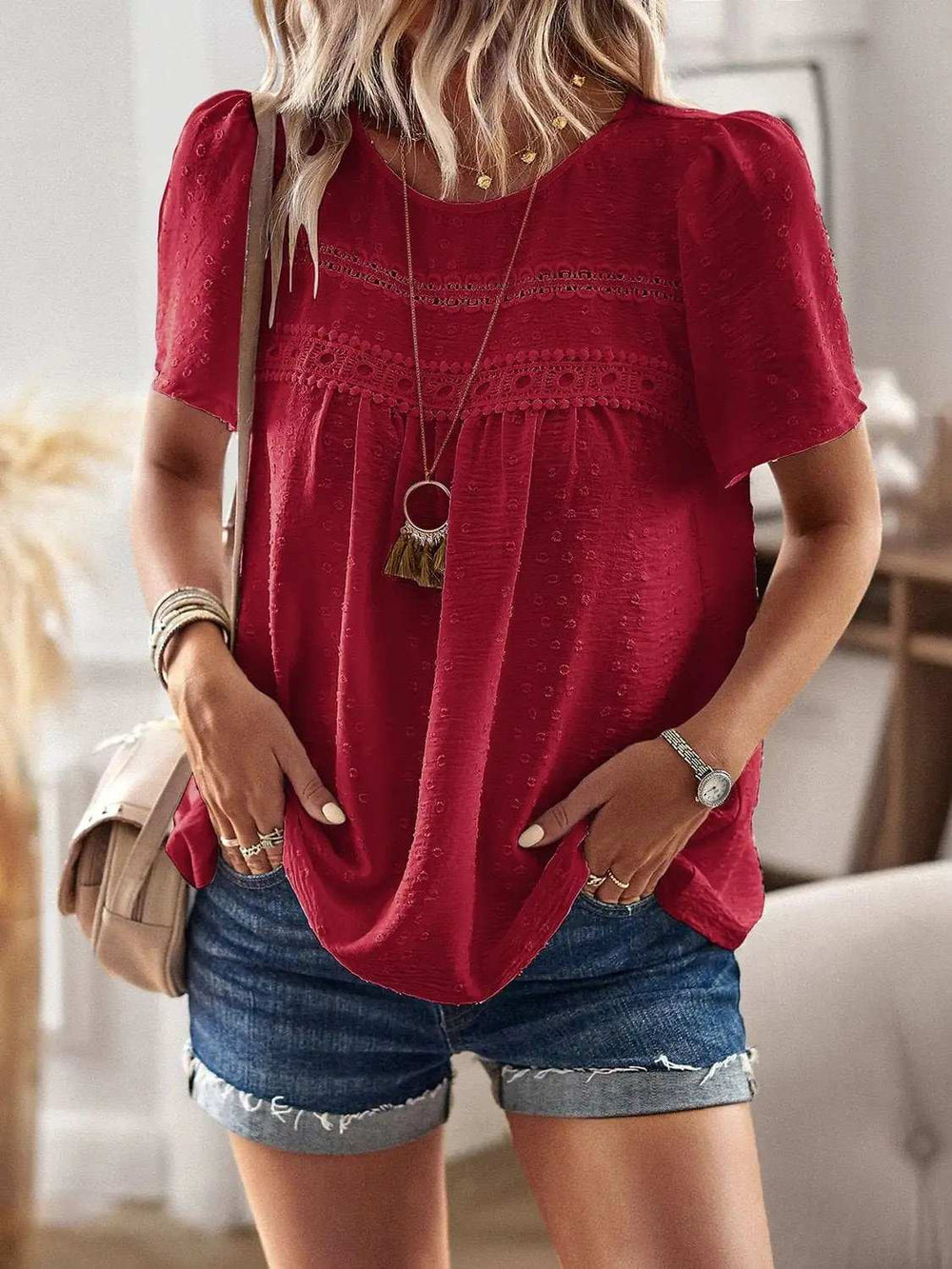 Lace Detail Round Neck Short Sleeve Blouse - Trendsi - Flyclothing LLC