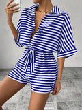Tie Waist Half Button Striped Romper - Trendsi - Flyclothing LLC