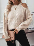 Cable Knit Round Neck Cold Shoulder Sweater - Trendsi