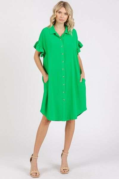 Mittoshop Button Down Flounce Sleeve Dress with Pockets - Trendsi - Flyclothing LLC