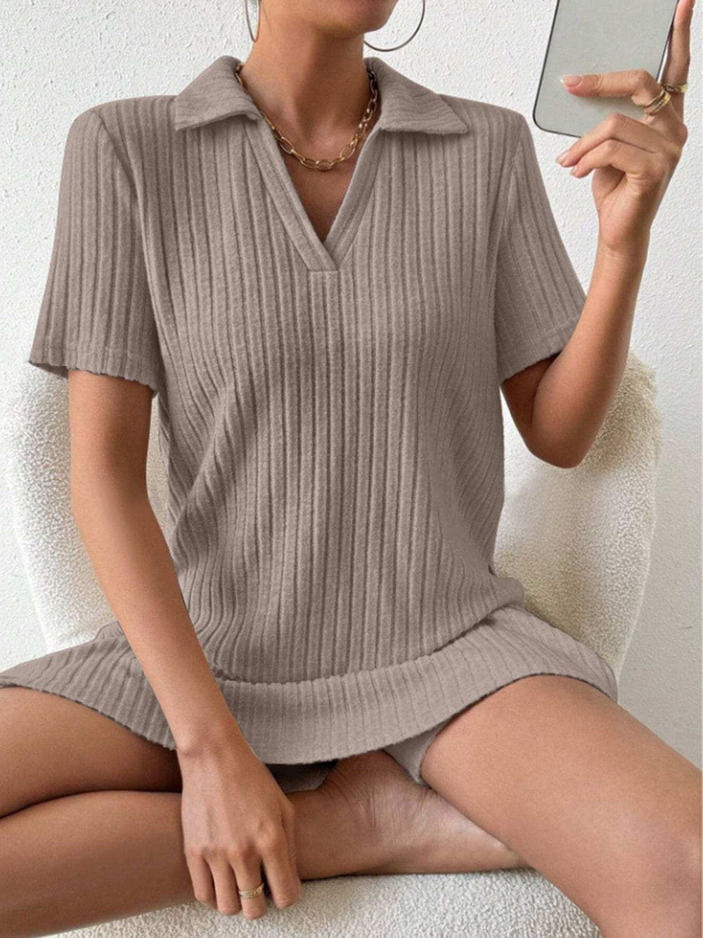 Johnny Collar Short Sleeve Top and Shorts Set - Trendsi - Flyclothing LLC