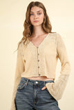 VERY J V-Neck Lace Detail Button Down Crop Ribbed Knit Top - Trendsi