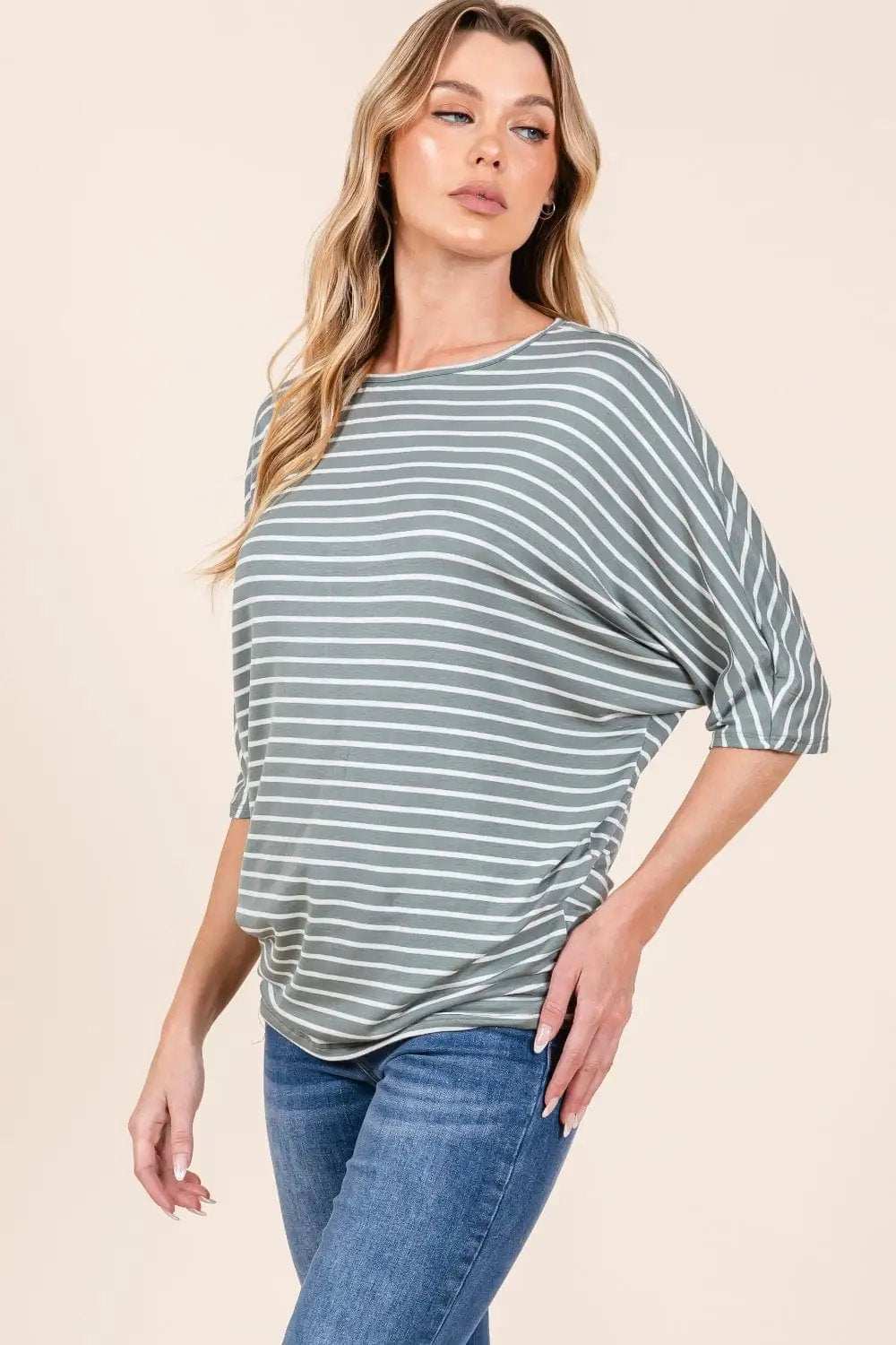 BOMBOM Striped Boat Neck Dolman Sleeve Top - Trendsi - Flyclothing LLC