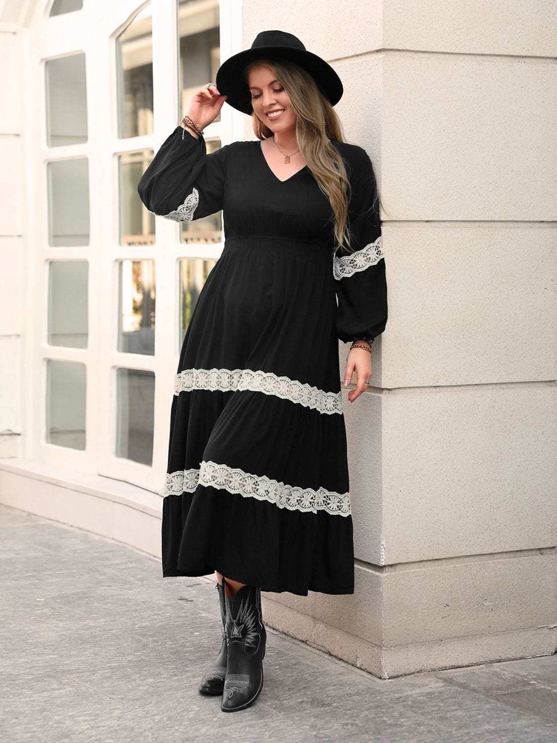 Plus Size Lace Detail V-Neck Long Sleeve Midi Dress - Trendsi - Flyclothing LLC