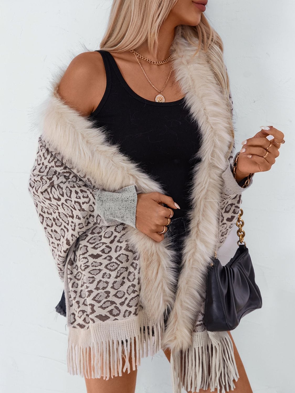 Fringe Leopard Open Front Long Sleeve Poncho - Trendsi