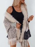 Fringe Leopard Open Front Long Sleeve Poncho - Trendsi