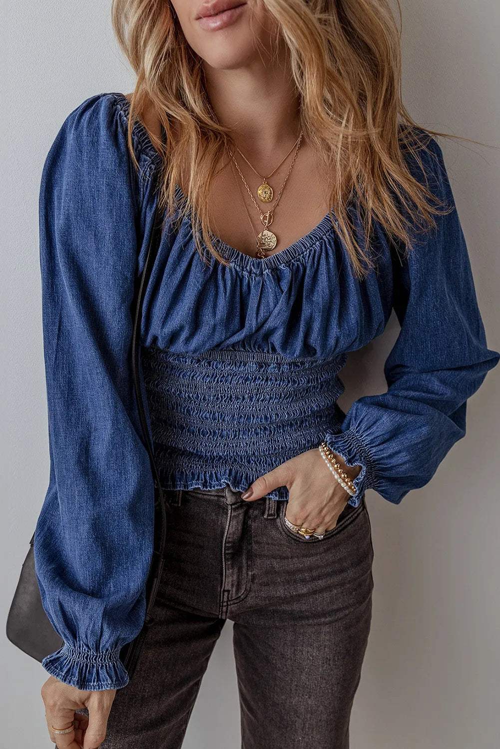 Smocked Long Sleeve Denim Top - Trendsi - Flyclothing LLC