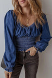 Smocked Long Sleeve Denim Top - Trendsi - Flyclothing LLC