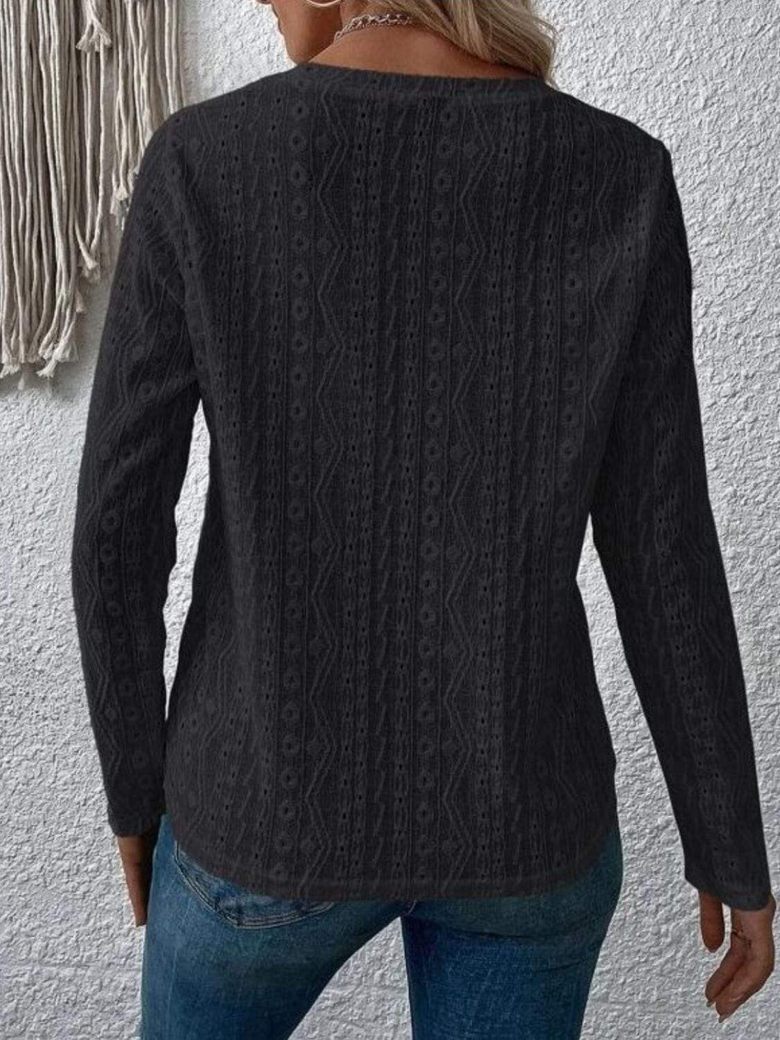Eyelet Round Neck Long Sleeve Blouse - Trendsi - Flyclothing LLC