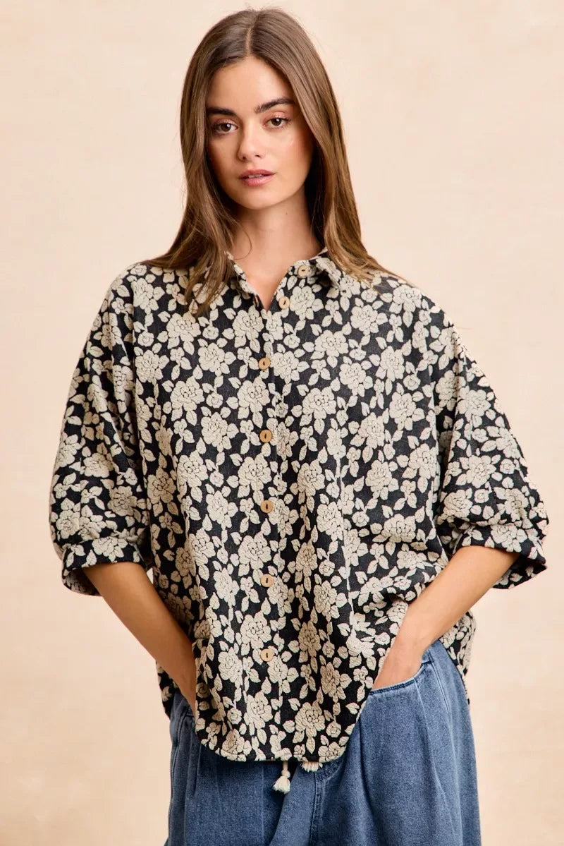 BiBi Floral Jacquard Short Dolman Sleeves Shirt - Trendsi - Flyclothing LLC