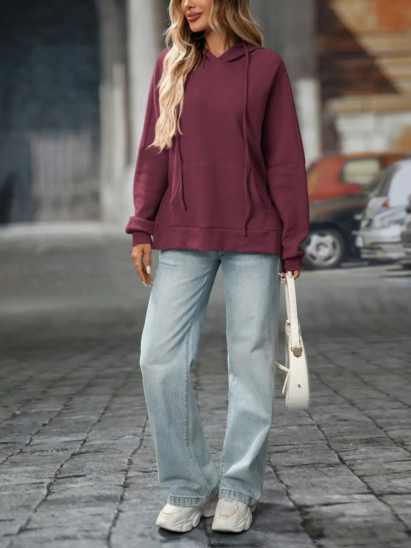 Textured Drawstring Long Sleeve Hoodie - Trendsi - Flyclothing LLC