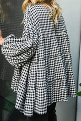 Tiered Plaid Round Neck Long Sleeve Blouse - Trendsi - Flyclothing LLC