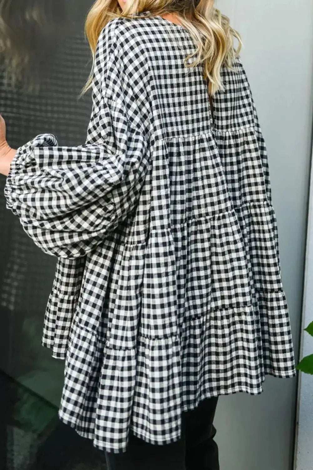 Tiered Plaid Round Neck Long Sleeve Blouse - Trendsi - Flyclothing LLC