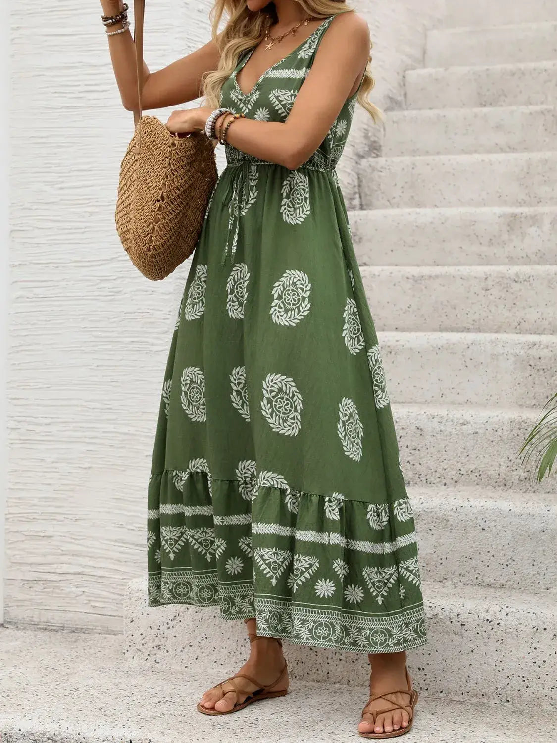Printed V-Neck Sleeveless Dress - Trendsi - Flyclothing LLC