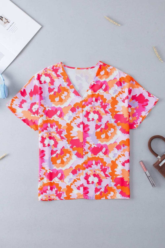 Printed V-Neck Short Sleeve Blouse - Trendsi - Flyclothing LLC
