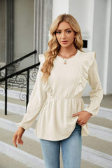 Round Neck Ruffled Peplum Blouse - Trendsi - Flyclothing LLC