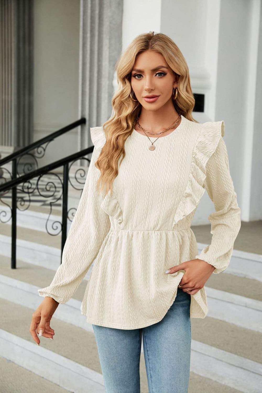 Round Neck Ruffled Peplum Blouse - Trendsi - Flyclothing LLC