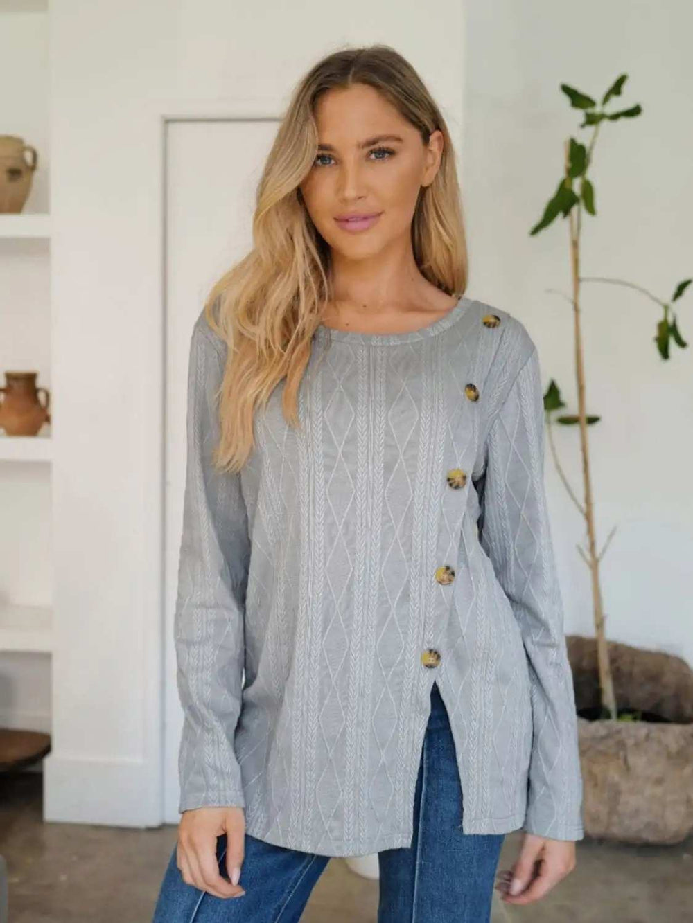 Slit Round Neck Long Sleeve T-Shirt - Trendsi - Flyclothing LLC
