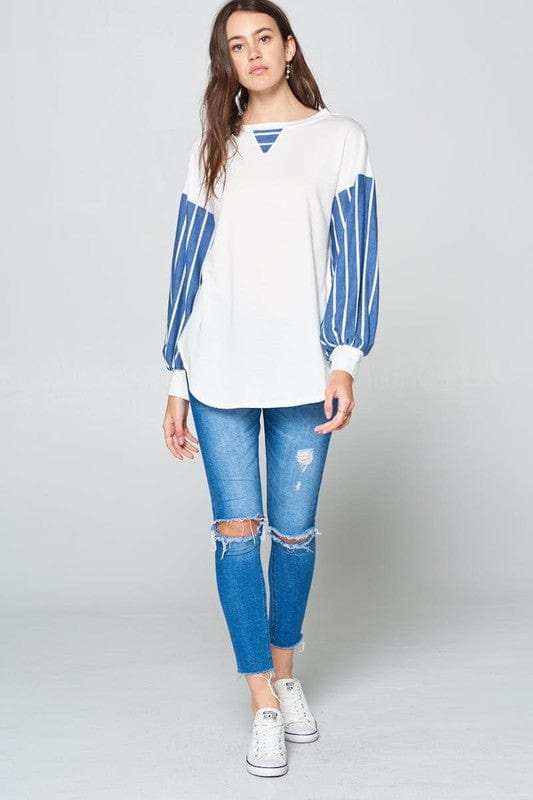 Super Lady Full Size French Terry Striped Long Sleeve Top - Trendsi - Flyclothing LLC