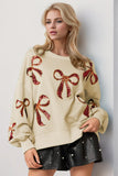 Double Take Christmas Bow Sequin Round Neck Dropped Shoulder Sweatshirt - Trendsi