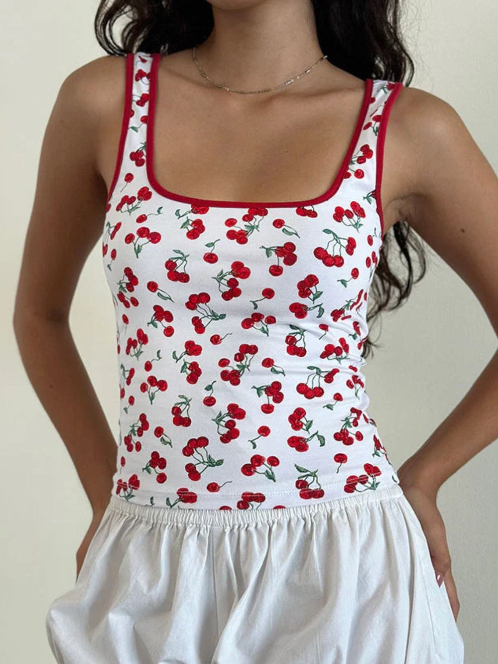 Cherry Print Square Neck Tank - Trendsi