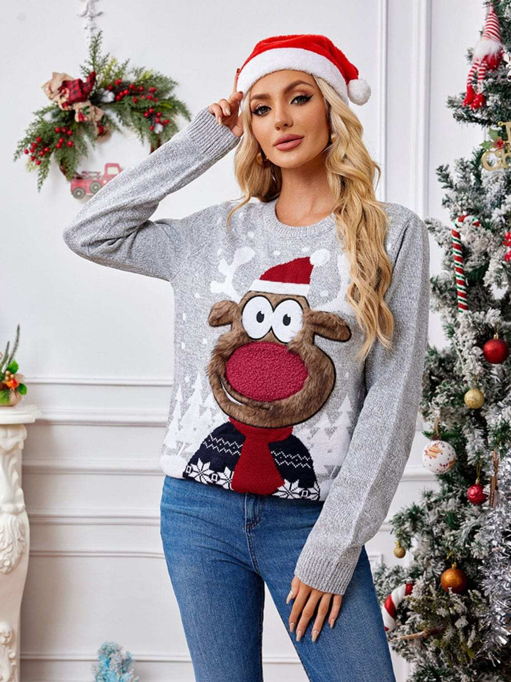 Reindeer Round Neck Long Sleeve Sweater - Trendsi - Flyclothing LLC