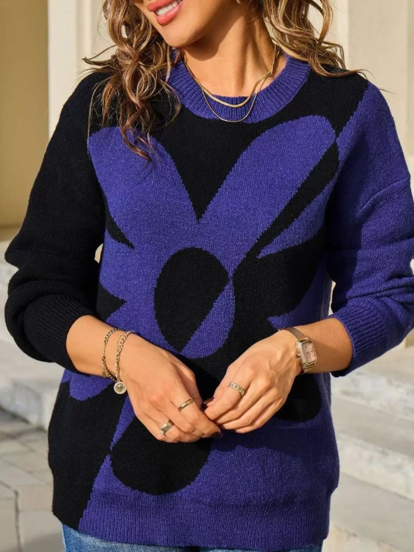 Floral Pattern Color Block Sweater - Trendsi - Flyclothing LLC