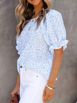Full Size Floral Print Ruffle Sleeve Blouse Plus Size - Trendsi - Flyclothing LLC
