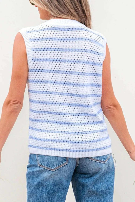 Stripe V Neck Gold Buttons Elegant Sweater Vest - Trendsi - Flyclothing LLC